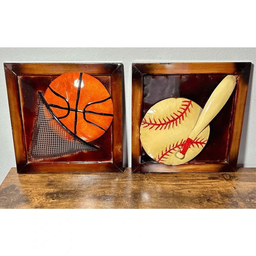 Children’ Room Metal Wall Art- Basketball & Baseball- 12.5”x12.5”